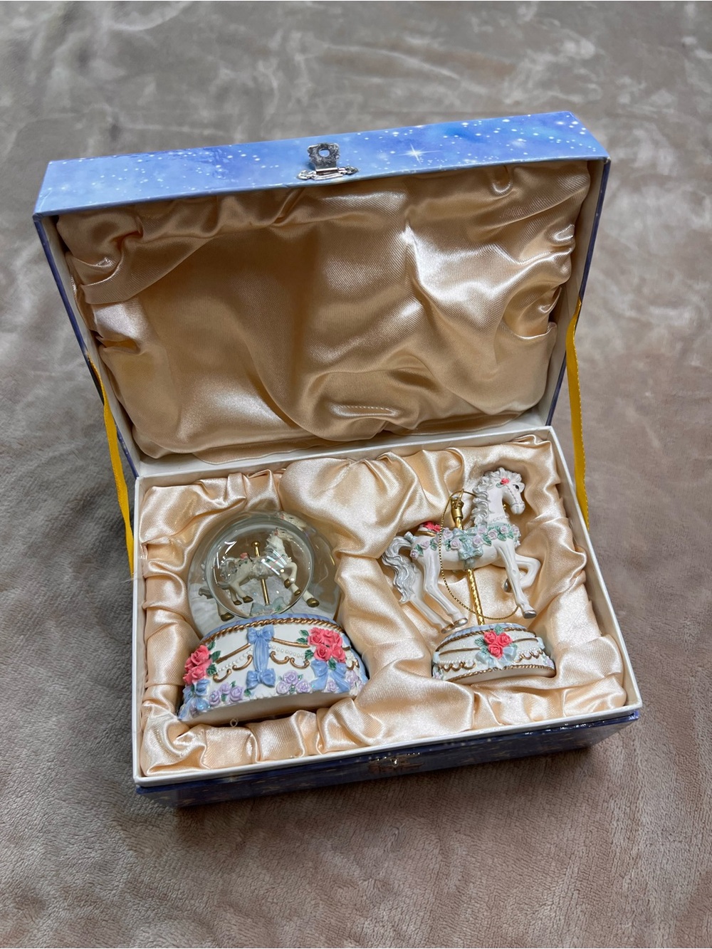 Vintage Blue and White Whimsy Carousel Horse Snow Globe and Ornament Set